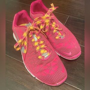 Nike Free 5.0 Women’s Running Shoes Pink/Hot Punch with Yellow Pattern Laces 7